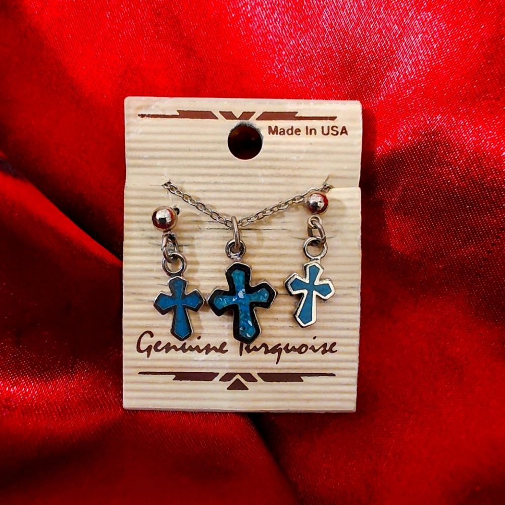 Vintage Genuine Turquoise Cross Jewelry Set - Blue and Silver (Possibly 925?)